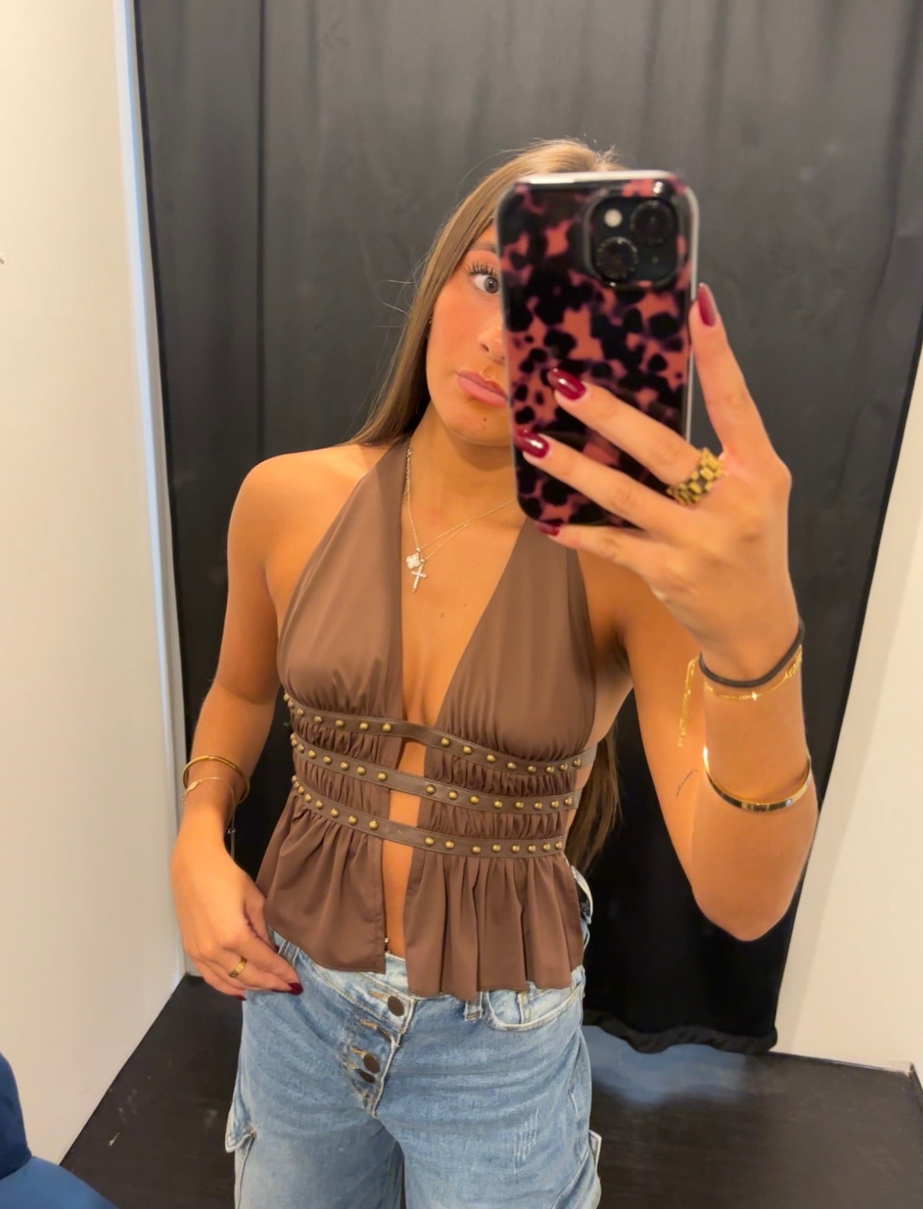 Brown Halter Gold Bead Top